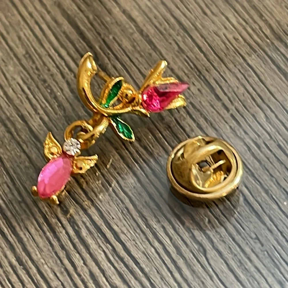Vintage Tulip with a Dangling Angel Charm Gold-tone with Pink Rhinestones